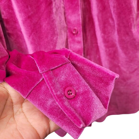 Women's Velvet Button-Down Shirt Blouse Fuchsia Pink Long Sleeve Size Large - Picture 5 of 9
